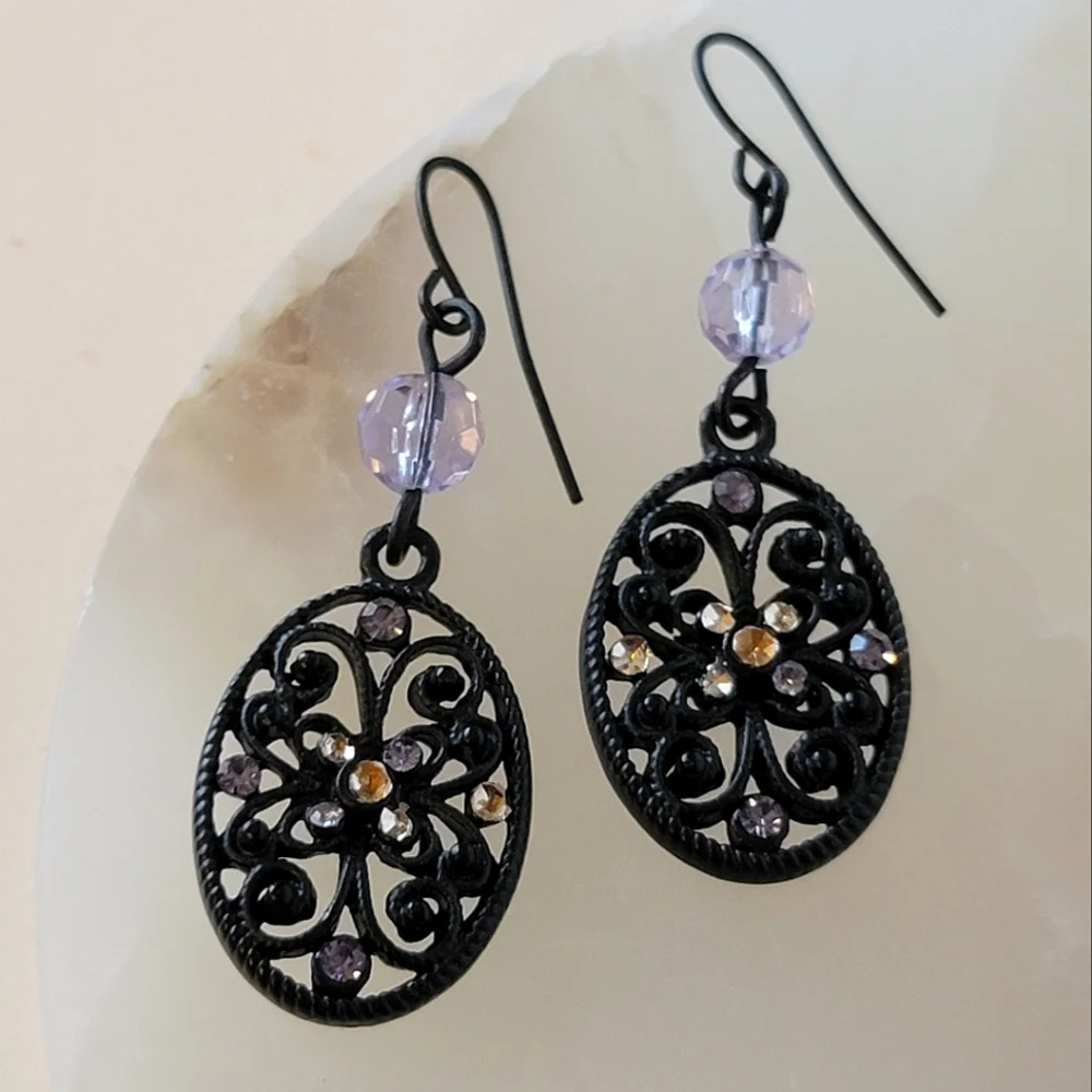 Black Floral Filigree Scrolls and Lilac Clear faceted Beads and Rhinestone